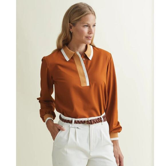 a. putnam Tops - A. Putnam Long Sleeve Polo Golf Shirt in Terra Orange Brown Stripe Trim M
